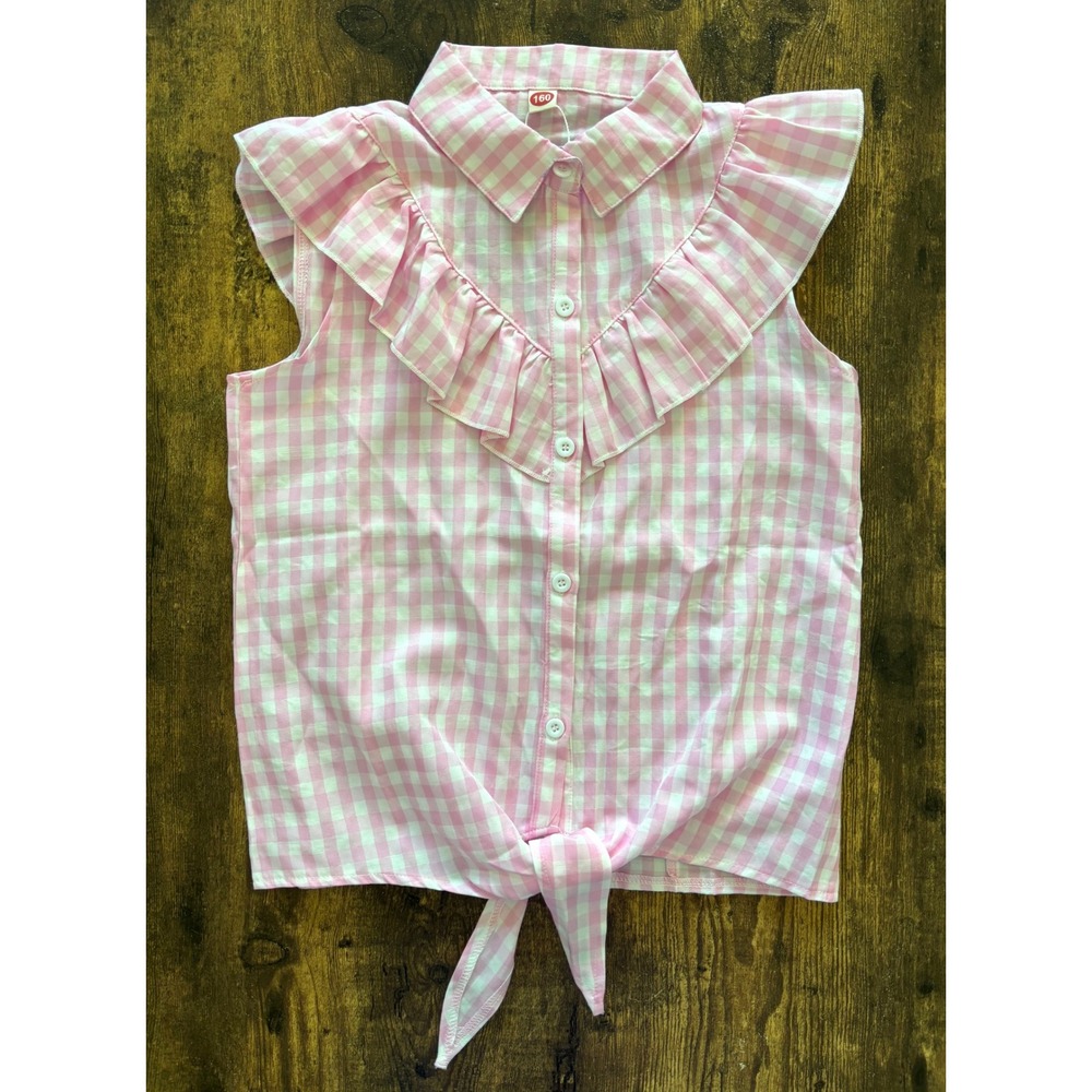Girls' Yesfashion Pink Gingham Ruffle‎ Tie Front Sleeveless Blouse NWT